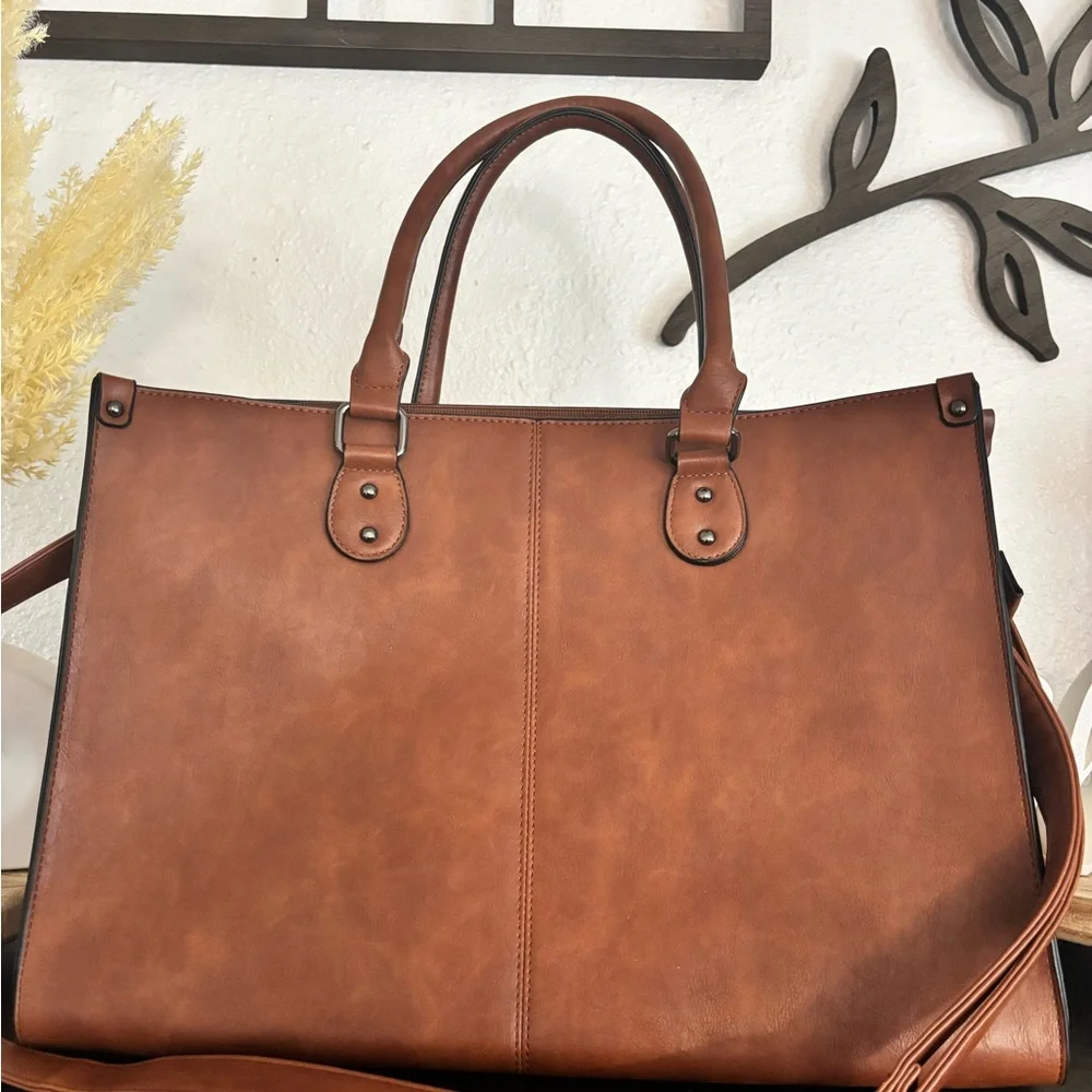 Structured Brown Laptop Tote with Double Handles and Adjustable Strap - Picture 2 of 4